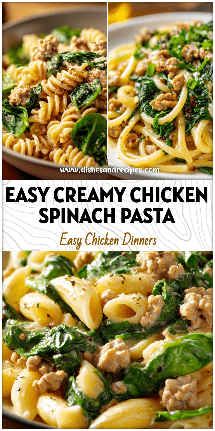 Plate of ground chicken spinach pasta mixed in creamy sauce with bright green spinach leaves.